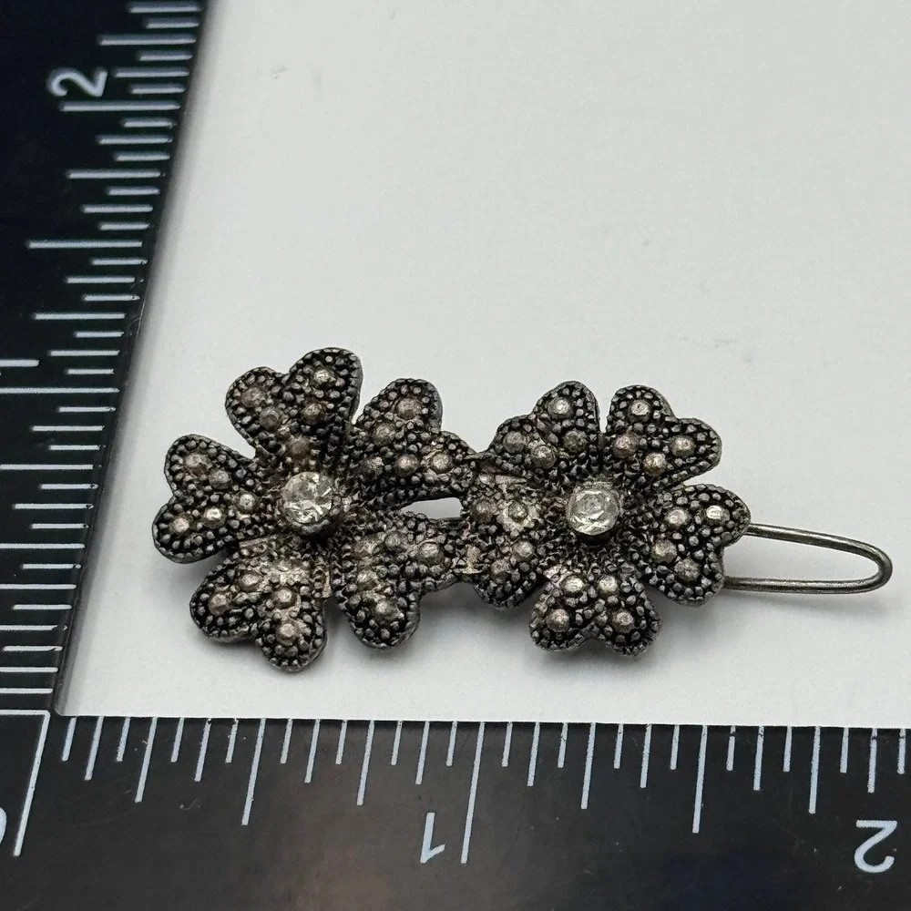 Vintage‎ Silver Tone Rhinestone Hair Clip Set Floral and Oval Pink Clear 2pc